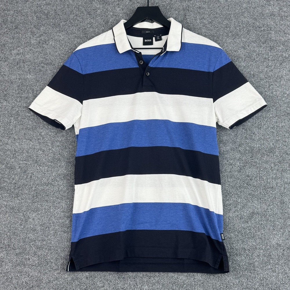 Boss Hugo Boss Polo Shirt Mens M Blue White Big Stripe Casual Slim Short Sleeve
